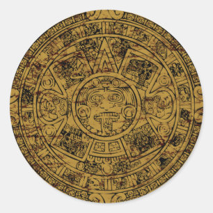 Pegatina Redonda Piedra de Calendario Sol Azteca Viejo