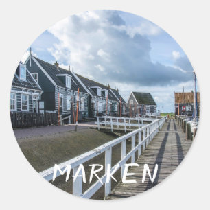 Pegatina Redonda Pier de madera en Marken, Países Bajos