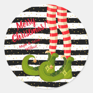 Pegatina Redonda Piernas de duende en rayas Feliz Navidad