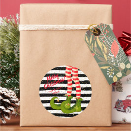 Pegatina Redonda Piernas Elf en Stripes Feliz Navidad