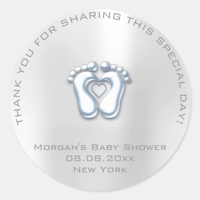 Pegatina Redonda Pies cardíacos Baby Shower Favor Boy Gracias Azul  (Anverso)