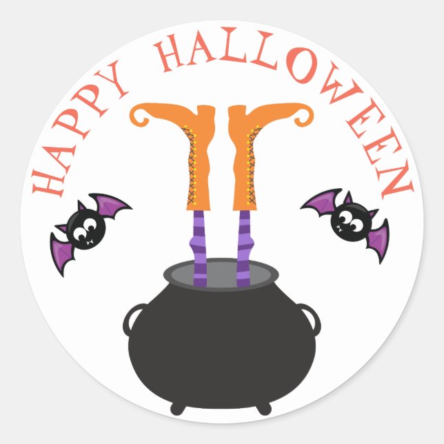 Pegatina Redonda Pies de bruja en Halloween en Cauldron (Anverso)