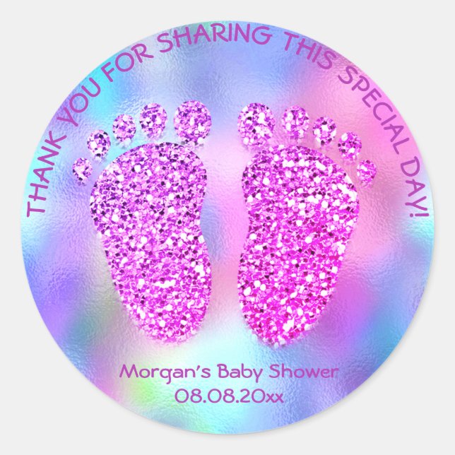 Pegatina Redonda Pies De Fuchsia Rosa Baby Shower Favor Gracias Chi (Anverso)