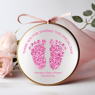 Pegatina Redonda Pies Purpurinas rosados Baby Shower Favor Gracias 