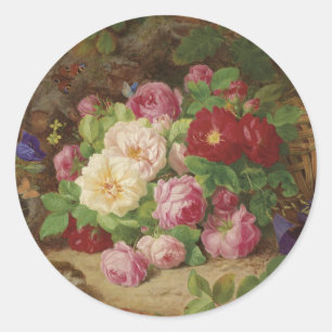 Pegatina Redonda Pieza Rosa en el suelo forestal con mariposas