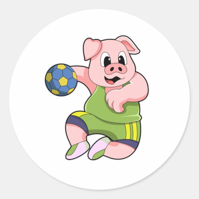 Pegatina Redonda Pig como jugador de balonmano con balonmano (Anverso)