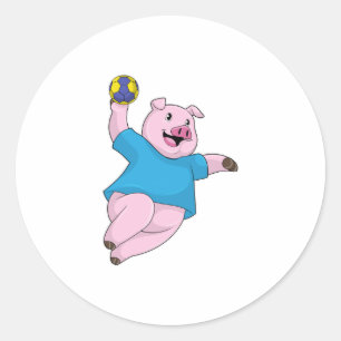 Pegatina Redonda Pig como jugador de balonmano con balonmano