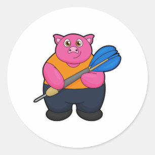 Pegatina Redonda Pig como jugador de Dart con Darts