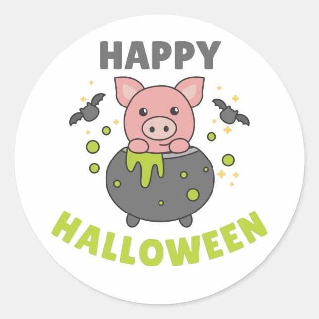 Pegatina Redonda Pig Happy Halloween Cauldron Bat Classic Round Sti (Anverso)