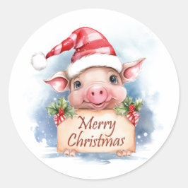 Pegatina Redonda Pig Merry Christmas