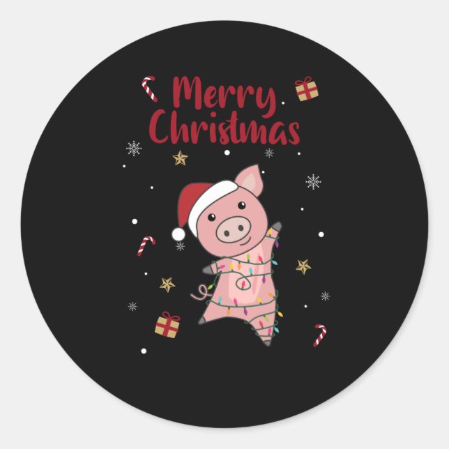 Pegatina Redonda Pig Merry Christmas Animals Pigs (Anverso)