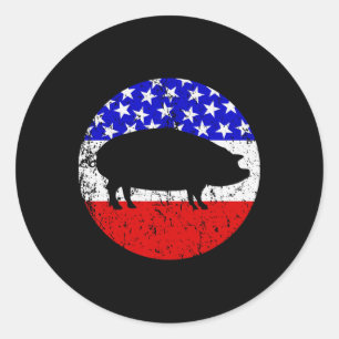 Pegatina Redonda Pig Roast Retro Style Bbq Cocina Bandera Americana