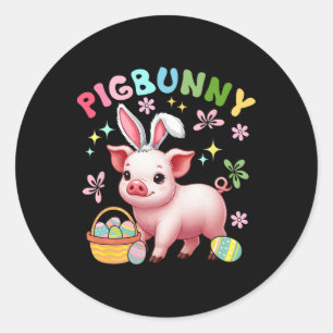Pegatina Redonda Pigbunny Cute Cerdo Cosplay Bunny Cazando Huevos E