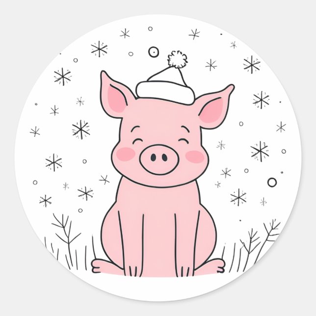 Pegatina Redonda Piglet de Navidades cortos con nieve (Anverso)