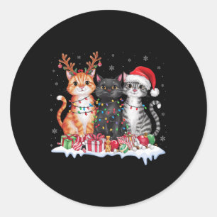Pegatina Redonda Pijama de Santa Gato Luz de Navidad Hermoso Reno