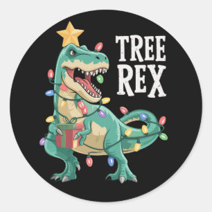 Pegatina Redonda Pijama Dinosaurio de Navidad Árbol Rex Luces de Na