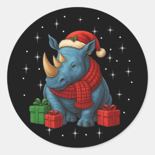 Pegatina Redonda Pijama divertido de rinoceronte de Navidad para ho