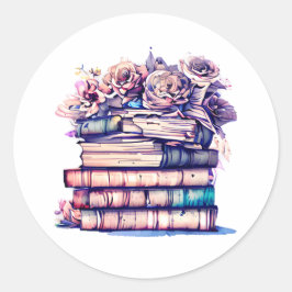 Pegatina Redonda Pila antigua de libros y Rosas de la época bonito