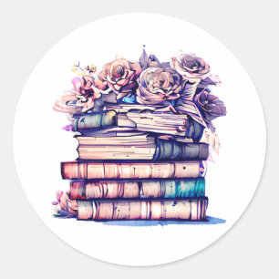 Pegatina Redonda Pila antigua de libros y Rosas de la época bonito
