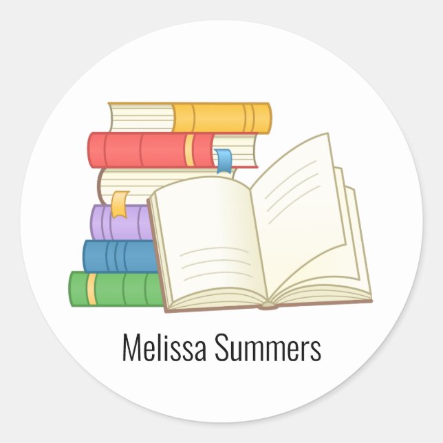 Pegatina Redonda Pila de libros y libro abierto (Anverso)