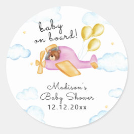 Pegatina Redonda Pilot Teddy Bear Balloon Airplane Baby Shower 