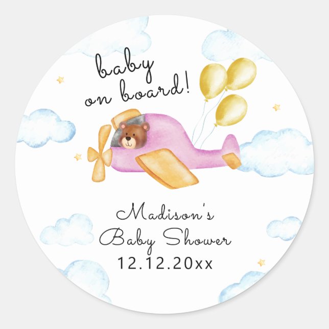 Pegatina Redonda Pilot Teddy Bear Balloon Airplane Baby Shower  (Anverso)