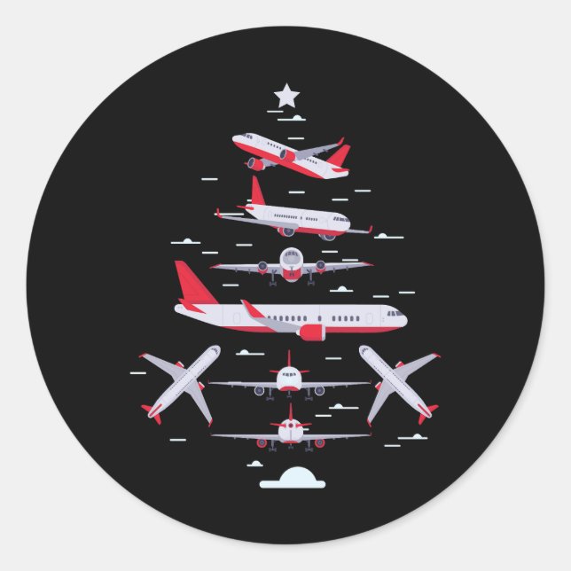 Pegatina Redonda Piloto de Árbol de Navidad de avión Feliz Navidad (Anverso)