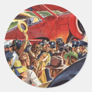 Pegatina Redonda Piloto de Avión Antiguo de Propulsor Único con Pap