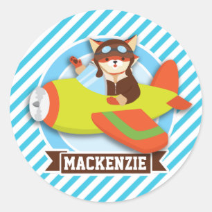 Pegatina Redonda Piloto Fox en avión verde y Naranja; franjas azule