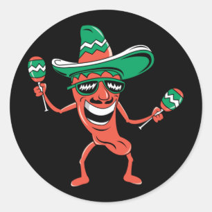 Pegatina Redonda Pimienta fiesta en Sombrero con Maracas