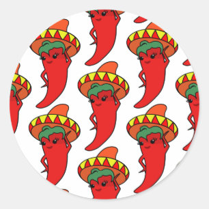 Pegatina Redonda Pimiento Kawaii Rojo Sombrero Mexicano