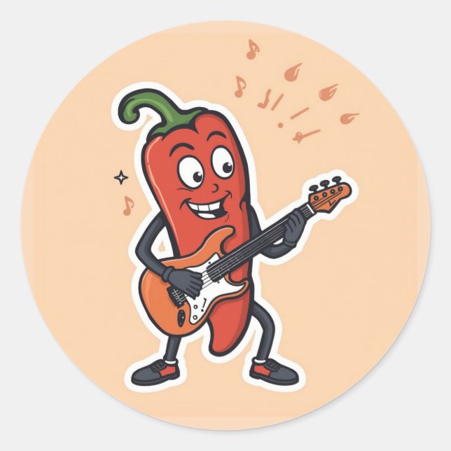 Pegatina Redonda Pimiento rojo Chili Pepper tocando guitarra divert (Anverso)