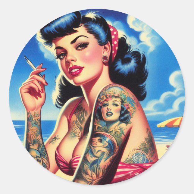 Pegatina Redonda Pin de verano de Bikini retro tatuado (Anverso)