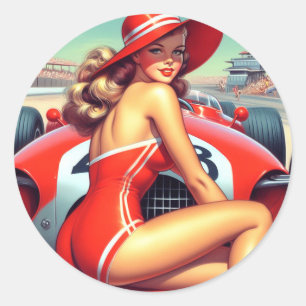 Pegatina Redonda Pin-up de Carreras retro