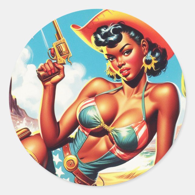 Pegatina Redonda Pin-up retro occidental (Anverso)