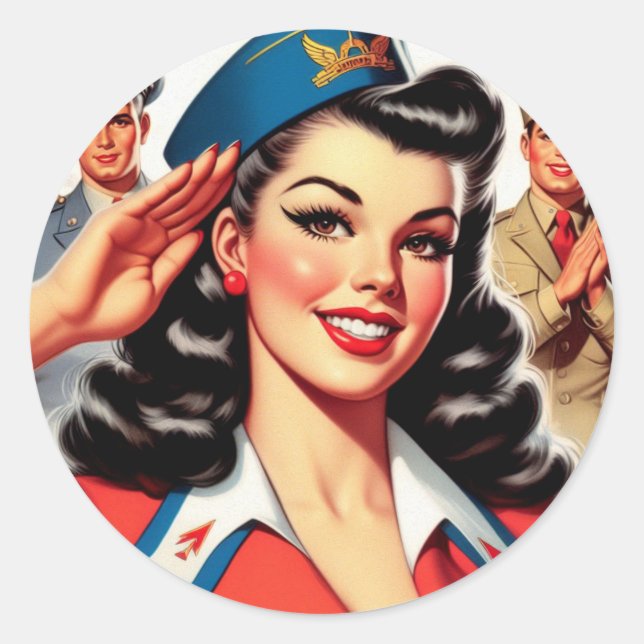 Pegatina Redonda Pin-up retro uniforme (Anverso)