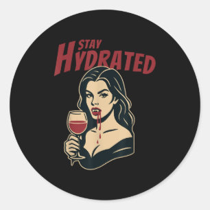 Pegatina Redonda Pin-up Vampiro Retro Mantente Hidratado Humor Góti