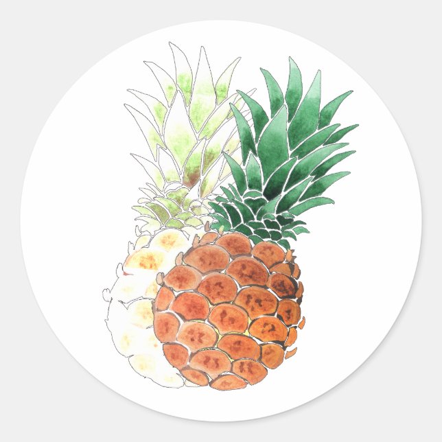 Pegatina Redonda Piña, acuarela. (Anverso)