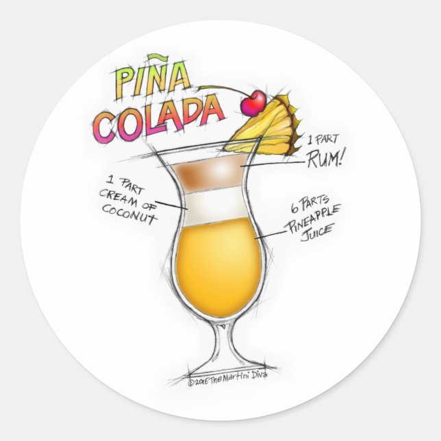 PEGATINA REDONDA PINA COLADA RECIPE COCKTAIL ART (Anverso)