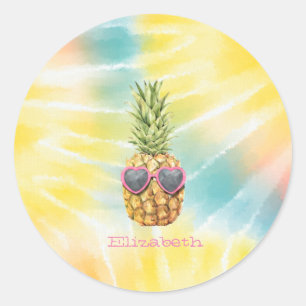 Pegatina Redonda Piña Genial, Tie Dye Arcoíris Acuarela