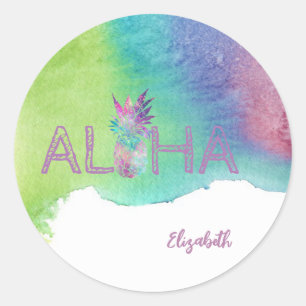 Pegatina Redonda Piña Hawaiana Aloha, Salpicadura de Acuarela