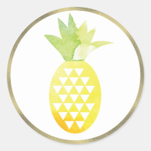 Pegatina Redonda Piña Tropical Acuarela Simulado Foil Pina