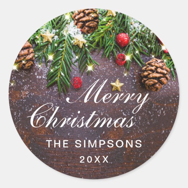 Pegatina Redonda Piñas Rama Rústico Feliz Navidad Fiesta (Anverso)