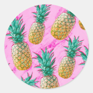 Pegatina Redonda Piñas Tropicales & Favor de Fiesta Chic de Mármol 