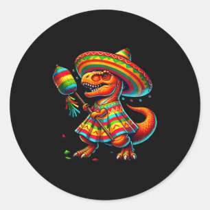 Pegatina Redonda Piñata de T-Rex sombrero cinco de mayo mexicano