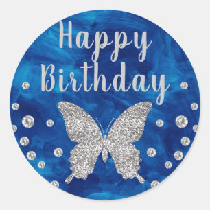 Pegatina Redonda Pincel azul medio Cumpleaños Mariposa de Plata