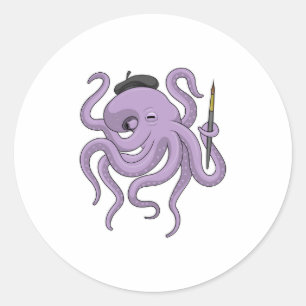 Pegatina Redonda Pincel de pintador de pulpo