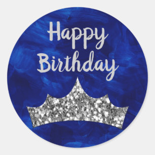 Pegatina Redonda Pincel de pintura azul real y cumpleaños Corona de