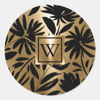 Pegatina Redonda Pincel floral negro y dorado