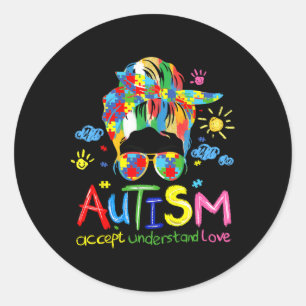 Pegatina Redonda Pincelada Conciencia del Autismo Acepta Amor Moño 